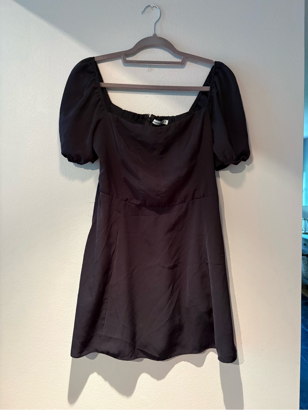 black babydoll abercrombie mini dress with puff shoulder sleeves and corset top